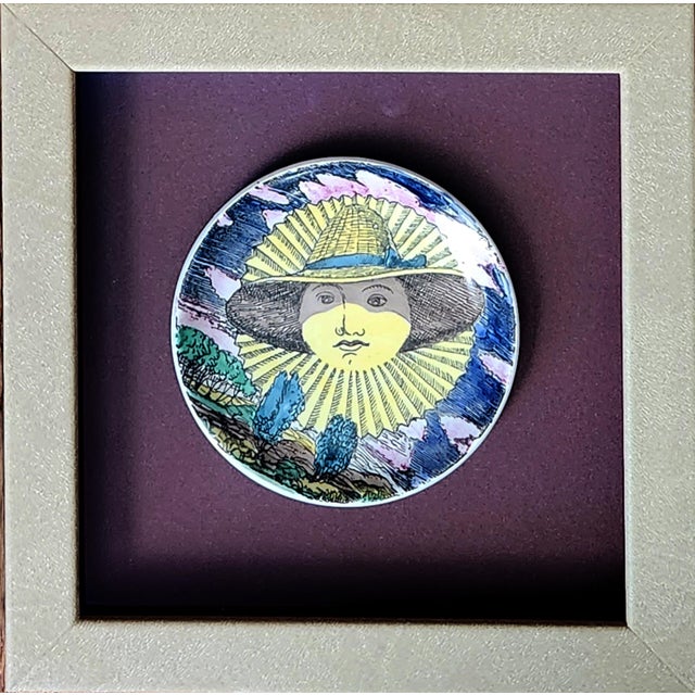 1960s Piero Fornasetti “12 Mesi, 12 Soli” Porcelain Coaster, June, Sun in a Straw Hat, Framed For Sale - Image 5 of 5