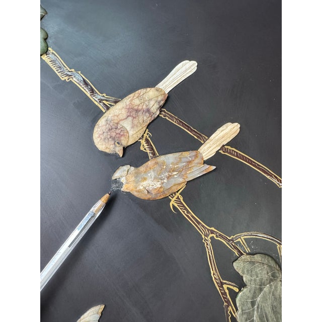 Dark Green Vintage Asian Hand-Carved Soapstone Six-Panel Folding Screen With Birds, Flowers & Foliage For Sale - Image 8 of 12