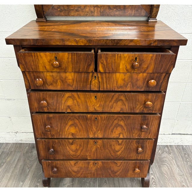 Antique American Empire Walnut Veneer Chest Bureau Dresser With Mirror For Sale - Image 11 of 12