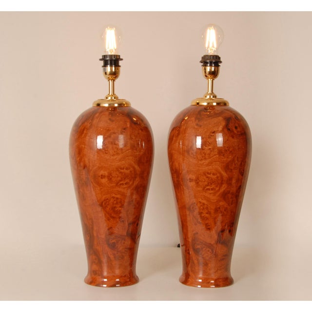 Mid-Century Modern Vintage Table Lamps Faux Elm Burl Wood French Ceramic Vase Lamps Brown Cognac - A Pair For Sale - Image 3 of 11