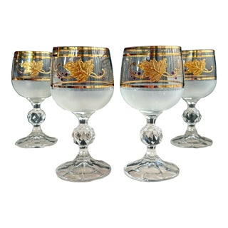 Vintage Bohemia Crystal Wine Glasses – Crystalex Boc47 Pattern – Frosted Bowl, Gold Leaf & Purple Dots – 5 1/2" Tall For Sale