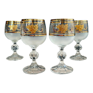 Vintage Bohemia Crystal Wine Glasses – Crystalex Boc47 Pattern – Frosted Bowl, Gold Leaf & Purple Dots – 5 1/2" Tall