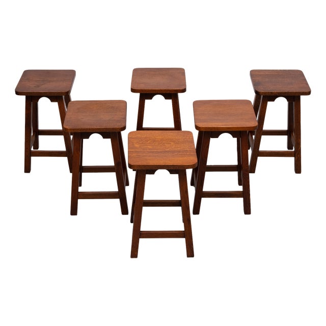 Brutalist Oak Stools, Holland, 1970s, Set of 6 For Sale