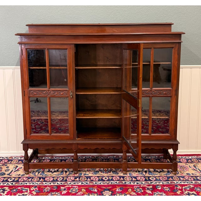 Antique English Jacobean Bookcase Bookshelf Cabinet Wavy 3 Door Glass Mahogany For Sale - Image 4 of 14