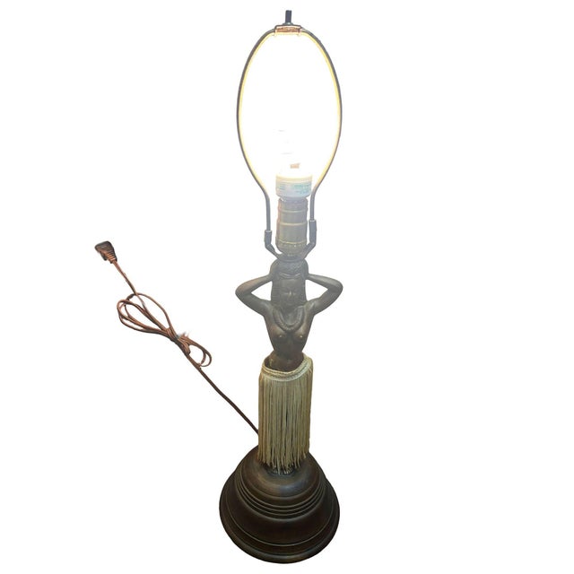 Mid-Century Modern Mid-Century Hawaiian Hula Girl Copper Table Lamp W/ Wicker Shade For Sale - Image 3 of 11