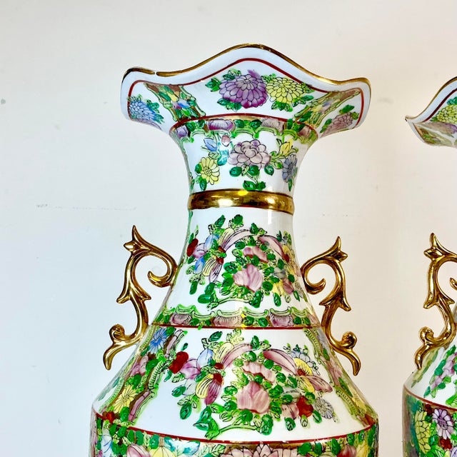 Late 19th Century Late 19th C Antique Chinoiserie Boho Chic Hollywood Regency Famille Rose Vases - A Pair, Monumental For Sale - Image 5 of 18