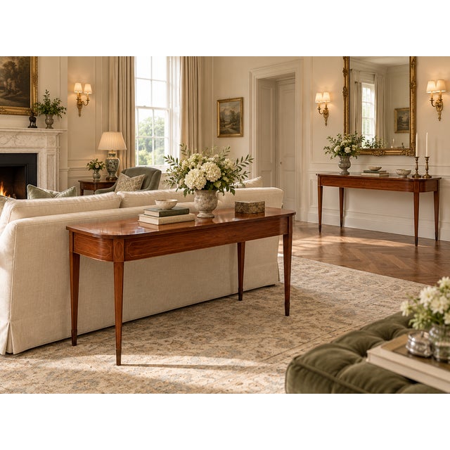 A superb and very useful pair of antique georgian mahogany inlaid console tables, dating to the george iii period, with...