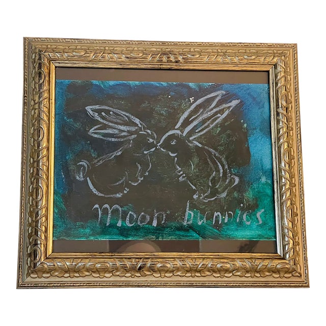 Moon Bunnies Abstract Sketch on Canvas by Elia Framed For Sale