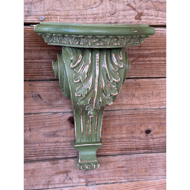 Pair of Carved Acanthus Wall Bracket Shelves / Corbels in Distressed Green Finish For Sale In Naples, FL - Image 6 of 11