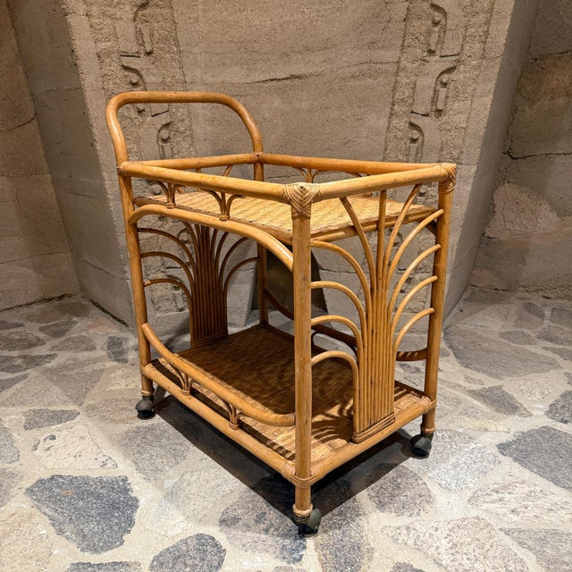 Vintage Bamboo and Rattan Bar Cart Serving Trolley For Sale In San Diego - Image 6 of 12