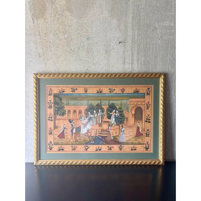 An exquisite large-scale South Indian Pichwai painting on silk depicting a royal courtship scene with a nobleman...
