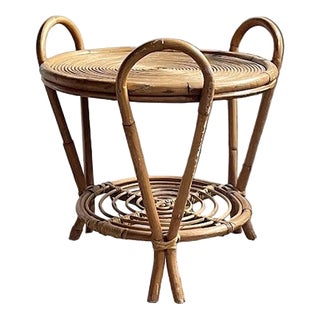 Vintage Sculptural Two-Tier Rattan Side Table with Loop Handles, Japan, 1970s For Sale