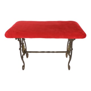 Late 19th Century Antique Velvet Seat Cast Iron Rustic Bench For Sale