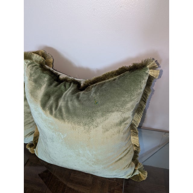 Campaign Pair Palm Beach Style 20" by 20" Velvet Shell, Silk Trim, Duck Feather Pillows For Sale - Image 3 of 4