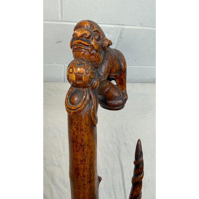 Large Antique 1800's Chinese Foo Dog Carved Wood Folk Art Walking Stick Cane For Sale - Image 4 of 18