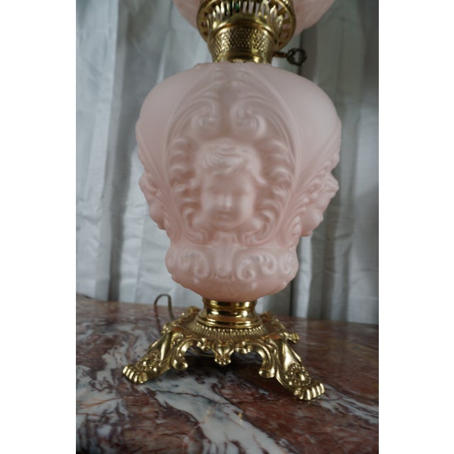 Late 19th Century Antique Victorian Pink Satin Glass Cherub Banquet Oil Lamp With Embossed Putti Motif For Sale - Image 5 of 6