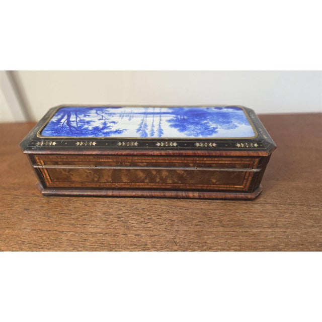 Antique Victorian Jewelry Box Blue Porcelain Landscape Inlay Mother of Pearl Marquetry Wood Trinket Casket For Sale - Image 10 of 14