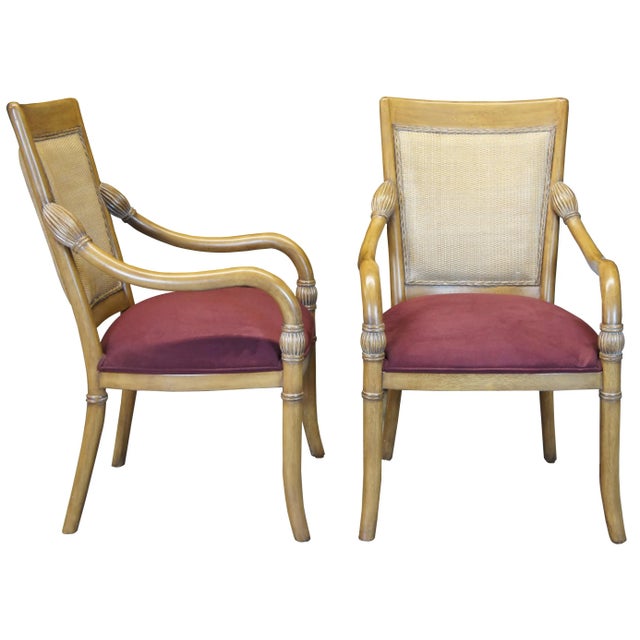 A beautiful pair of Kreiss Luxury Empire style arm chairs. Made from mahogany with a wicker inset backing and swooping...