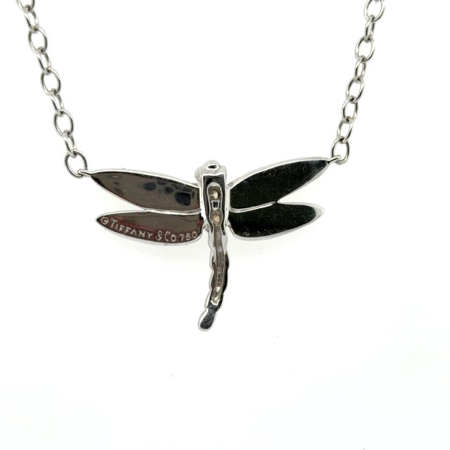 Metal Tiffany & Co. 18 Karat White Gold Diamond and Cultured Pearl Dragonfly Necklace For Sale - Image 7 of 8
