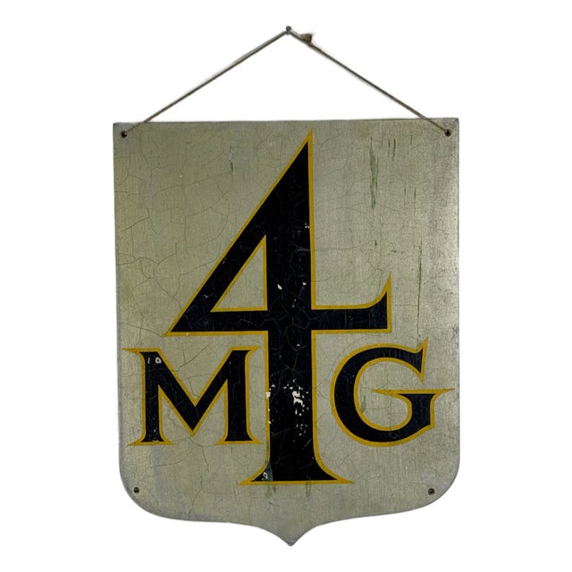 Vintage Wall Hung Wood Sign in Shield Like Shape With the Number "4" and "Mg" Letters For Sale