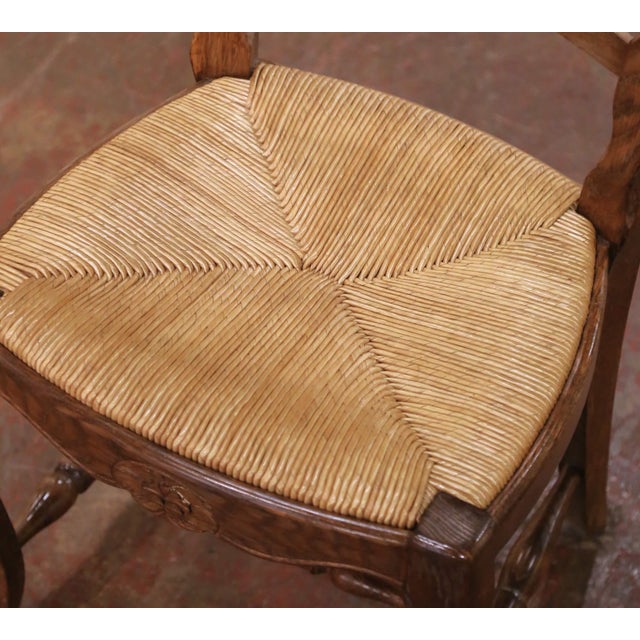 Brown Set of Six French Ladder Back Oak Dining Chairs With Rush Seat From Normandy For Sale - Image 8 of 14