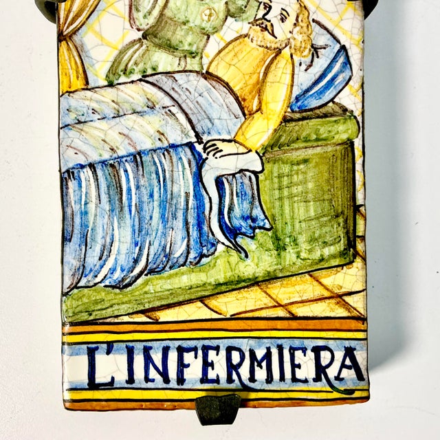 Vintage Rustic European Mediterranean Italian Castillo Tin-Glazed Majolica Hand-Painted Tile, Iron Bracket For Sale - Image 6 of 13