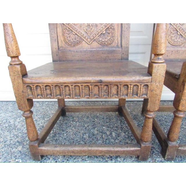 Late 19th Century Antique Pair of English Jacobean Style Oak Armchairs For Sale - Image 5 of 18
