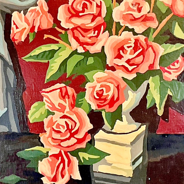 Bubble Gum 1960s Mid-Century Boho Chic Still Life Roses, Oil Painting - A Pair For Sale - Image 8 of 10