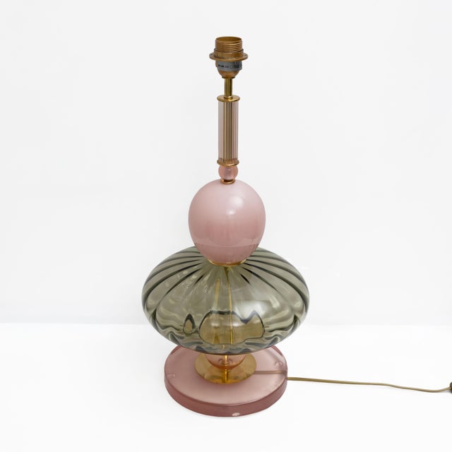 Mid-Century Modern Geometric Murano Glass Table Lamps in Pink and Green in the style of Sottsass, 2000, Set of 2 For Sale - Image 3 of 9