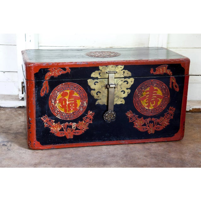 Antique Chinese Red Black Lacquered Trunk For Sale In San Antonio - Image 6 of 8