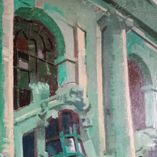 “Nocturne of the New York Yacht Club” Vintage Architectural Cityscape Original Oil Painting by David Beynon Pena For Sale In New York - Image 6 of 9