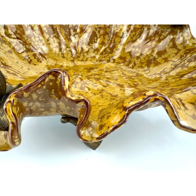 Vintage Mid Century Castilian Imports Ruffled Ceramic Lotus Bowl With Bronze Accents For Sale In Little Rock - Image 6 of 14