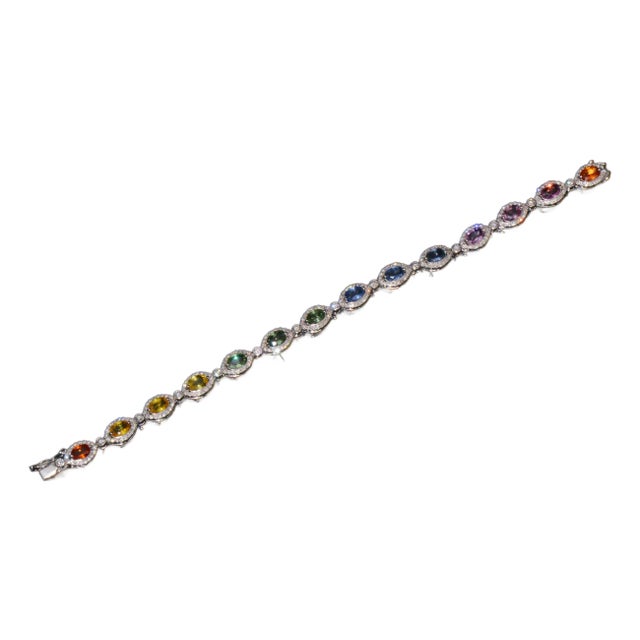 Certified Natural 11.32cts vs F Diamond Multi-Color Sapphire 18k Solid Gold Tennis Stacking Bracelet For Sale
