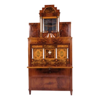 Antique Empire Secretary Desk in Hand-Polished Mahogany with Marquetry, 1840s For Sale