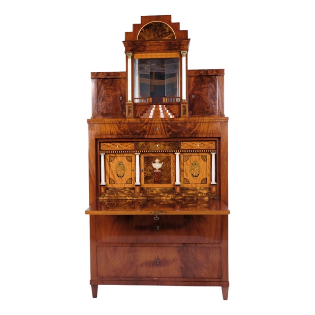 Antique Empire Secretary Desk in Hand-Polished Mahogany with Marquetry, 1840s For Sale