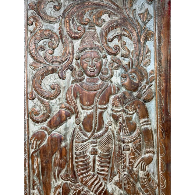 1920s Radha Krishna Carved Wood Wall Art Blue Vintage Barn Door Wall Panel 84x41 For Sale - Image 5 of 7