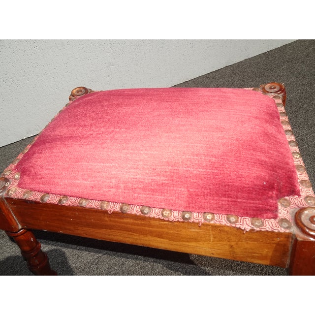 Rose Vintage Oak French Country Rose Colored Velvet Footstool W Decorative Nails For Sale - Image 8 of 12