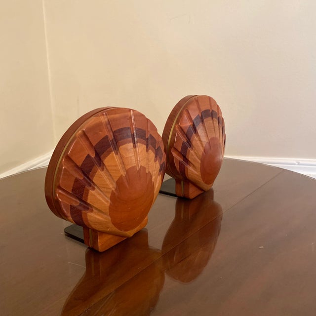 1970s 1970s Wood & Brass Italian Style Shell Bookends - a Pair For Sale - Image 5 of 8