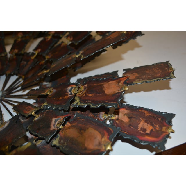 Metal Brutalist Brass / Copper Colored Metal & Iron Jere Style Circular Windmill Wall Hanging Art For Sale - Image 7 of 13