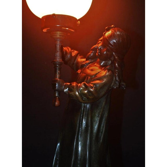 Antique French Art Nouveau Figural Bronze Table Lamp by A.J. Scottie, 1900s For Sale - Image 13 of 18