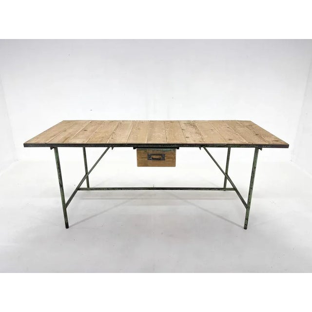 Vintage large table made of iron and wood with one original drawer.