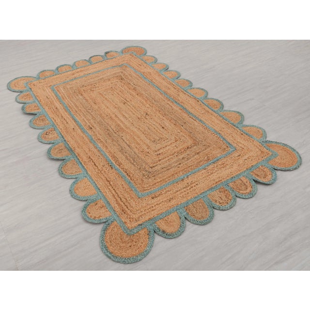 Scallop Jute Turquoise Blue Hand Made Rug 2.5x8 Ft. For Sale - Image 11 of 13