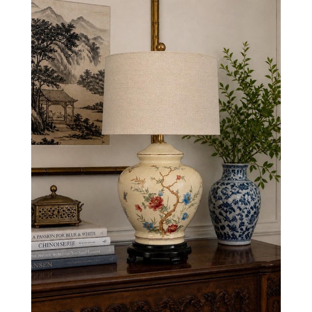 Late 20th Century Late 20th Century Hand-Painted Floral Porcelain Table Lamp With Linen Drum Shade — 28” For Sale - Image 5 of 5