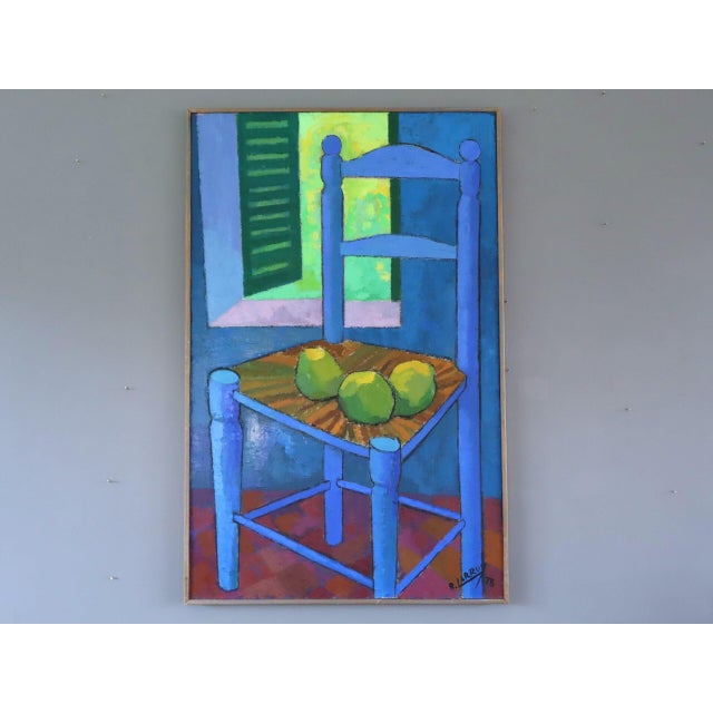 STILL LIFE WITH BLUE CHAIR Size: 32.3 x 20.9 inches (including frame) Oil on board A striking still life composition that...