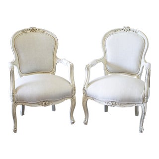 20th Century Louis XV Style Painted and Upholstered Open Arm Chairs - a Pair For Sale