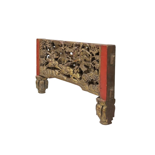 Chinese Vintage Wood Golden Relief Carving Wall Hanging Art Plaque For Sale - Image 4 of 7