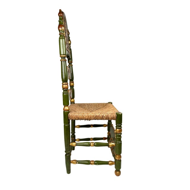 Spanish Antique Spanish Colonial Green and Gilt Ladderback Chair For Sale - Image 3 of 9