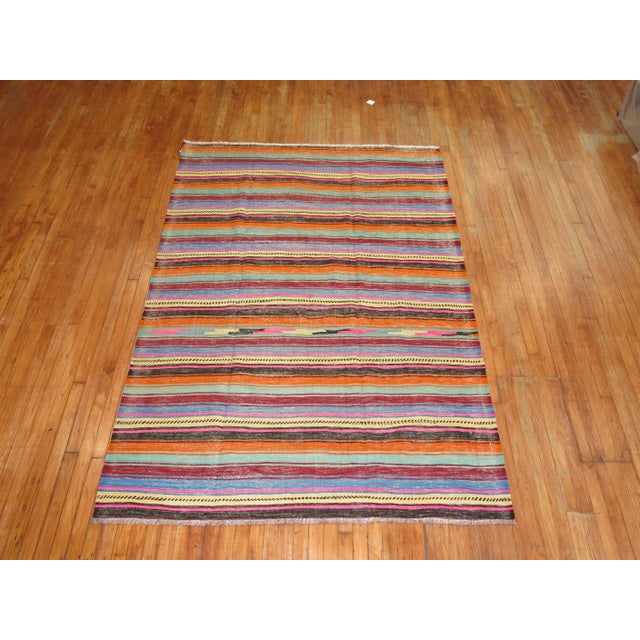 Mid 20th Century Vintage Zabihi Collection Striped Turkish Kilim - 5'6" x 8'2" For Sale - Image 5 of 8