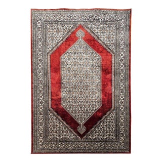 Vintage Persian Qum Area Rug, Hand-Knotted Silk, Herati Medallion Pattern, Ivory & Red, 4x6 For Sale