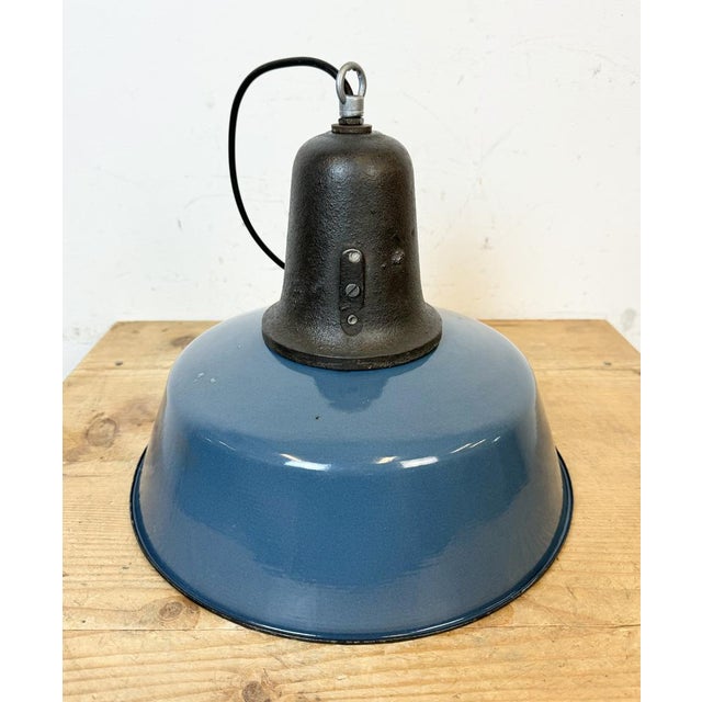 Industrial Blue Enamel Factory Lamp with Cast Iron Top, 1960s For Sale - Image 10 of 18